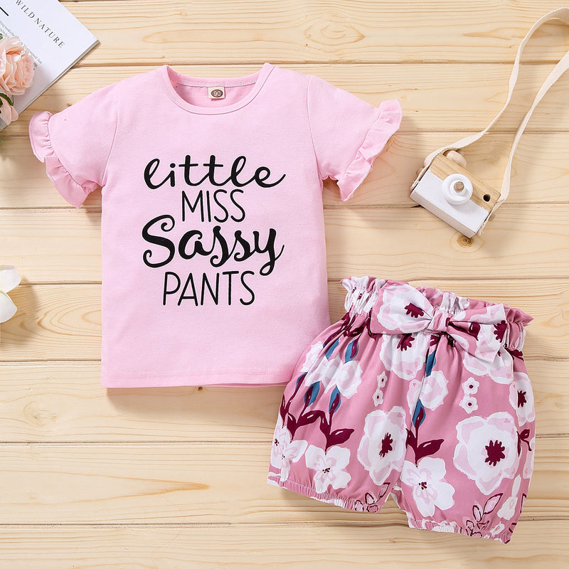 9M-6Y Thin Letter T-Shirt Print Bow Shorts Set Cute Toddler Girl Clothes Wholesale - PrettyKid