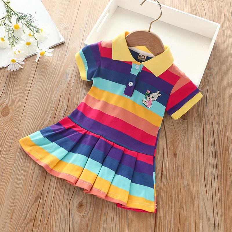 Toddler Girl College Style Polo Collar Rainbow Striped Pattern Skirt Wholesale Children's Clothing - PrettyKid