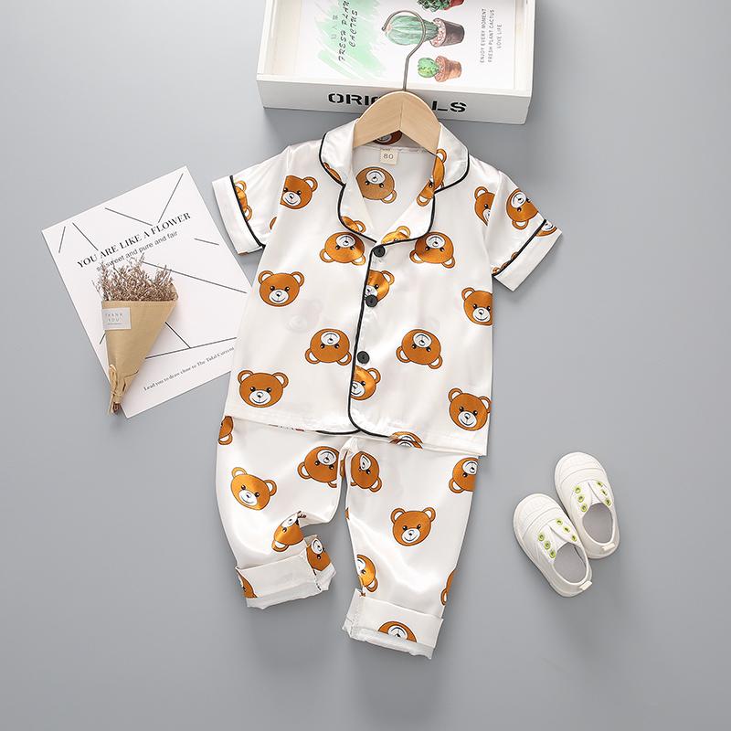 Satin Fabrics Silk-like Cartoon Animal Printed Pajamas Set Wholesale children's clothing - PrettyKid