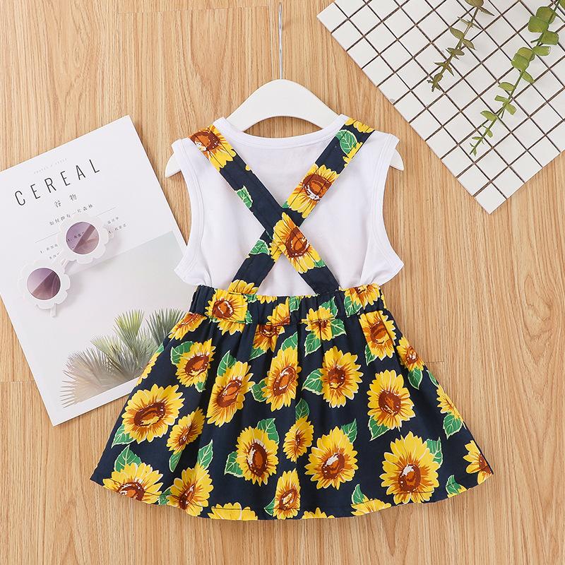 Toddler Girl Sunflower Pattern Sleeveless Top & Suspender Skirt - PrettyKid