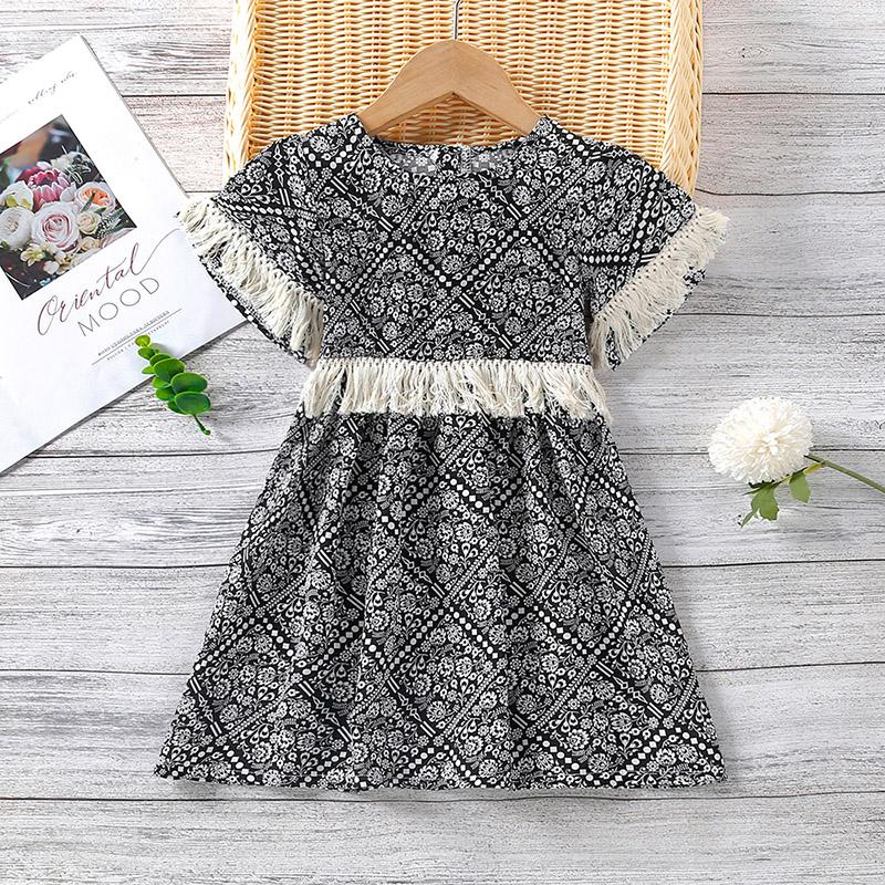 blank infant shirts Toddler Girl Geometric Print Fringed Dress - PrettyKid