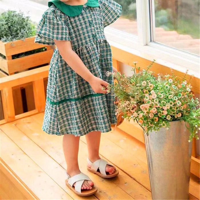 Checked Peter Pan Collar Big Girls Dresses Wholesale Kids Clothing - PrettyKid