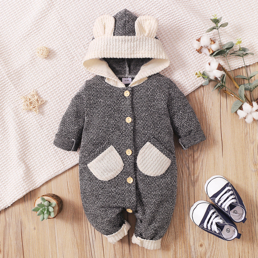 Baby Button Down Round Pockets Hooded Jumpsuits - PrettyKid