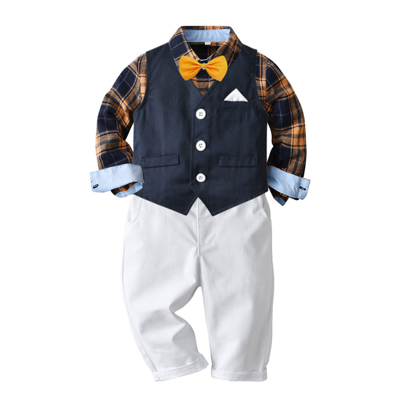 3 Pieces Plaid Bowtie Shirt & Pants & Button Vest Wholesale Boys Clothing Sets - PrettyKid