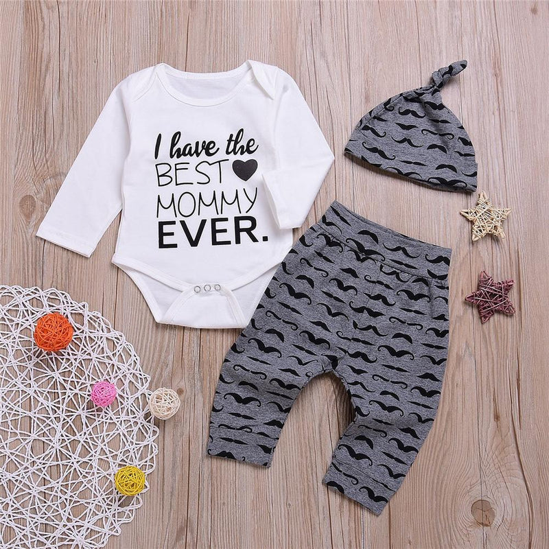 Baby Boys Letter Printed Long Sleeve Romper & Pants & Hat - PrettyKid