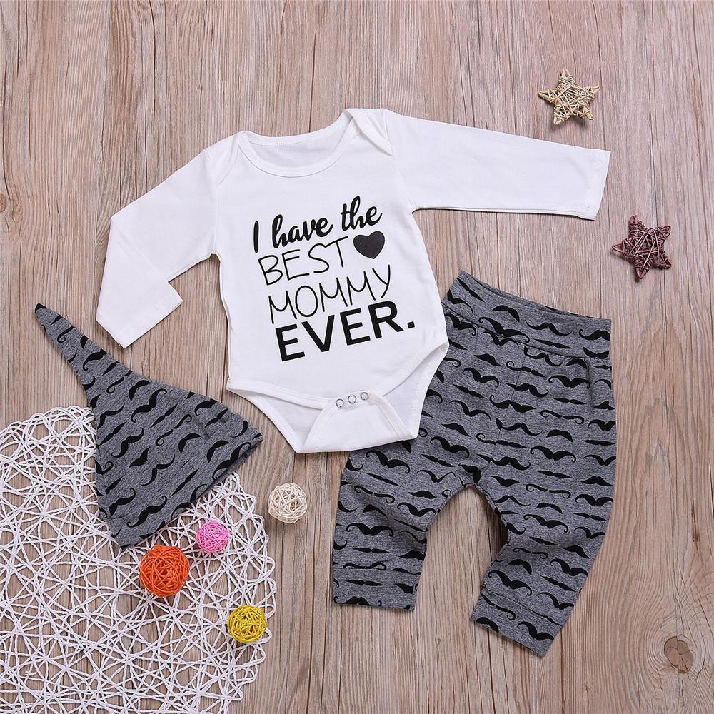 Baby Boys Letter Printed Long Sleeve Romper & Pants & Hat - PrettyKid