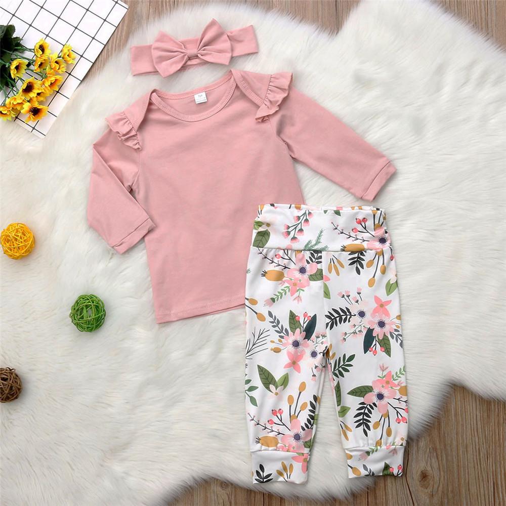 Girls Solid Long Sleeve Ruffle T-shirt & Floral Printed Pants & Headband - PrettyKid