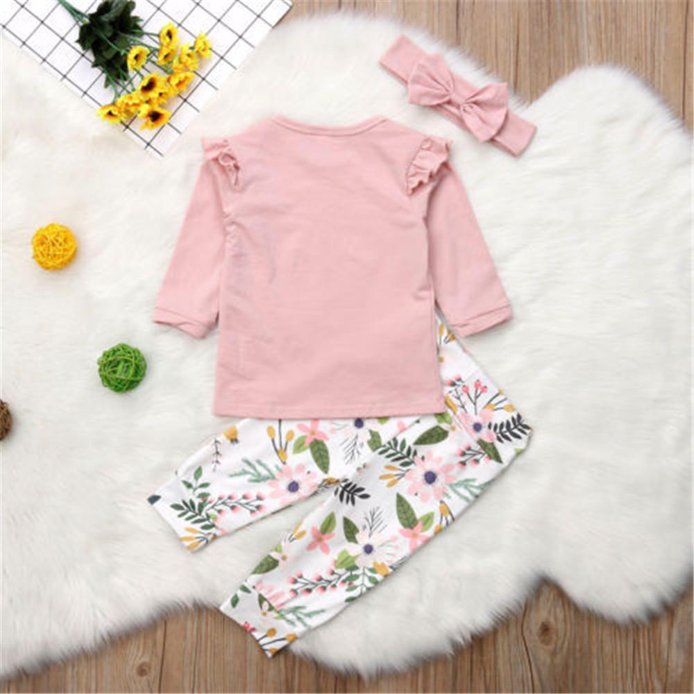 Girls Solid Long Sleeve Ruffle T-shirt & Floral Printed Pants & Headband - PrettyKid