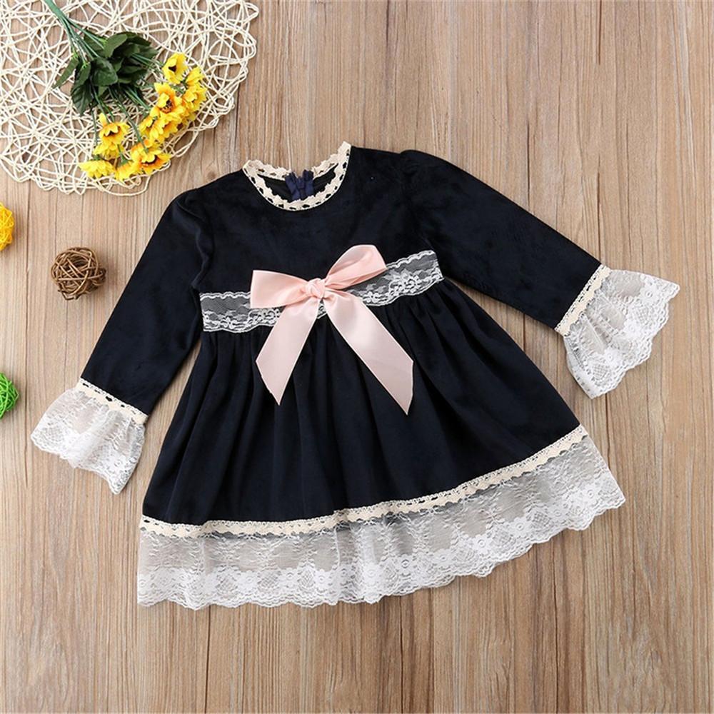 Girls Bow Decor Lace Flared Sleeve Princess Dresses - PrettyKid