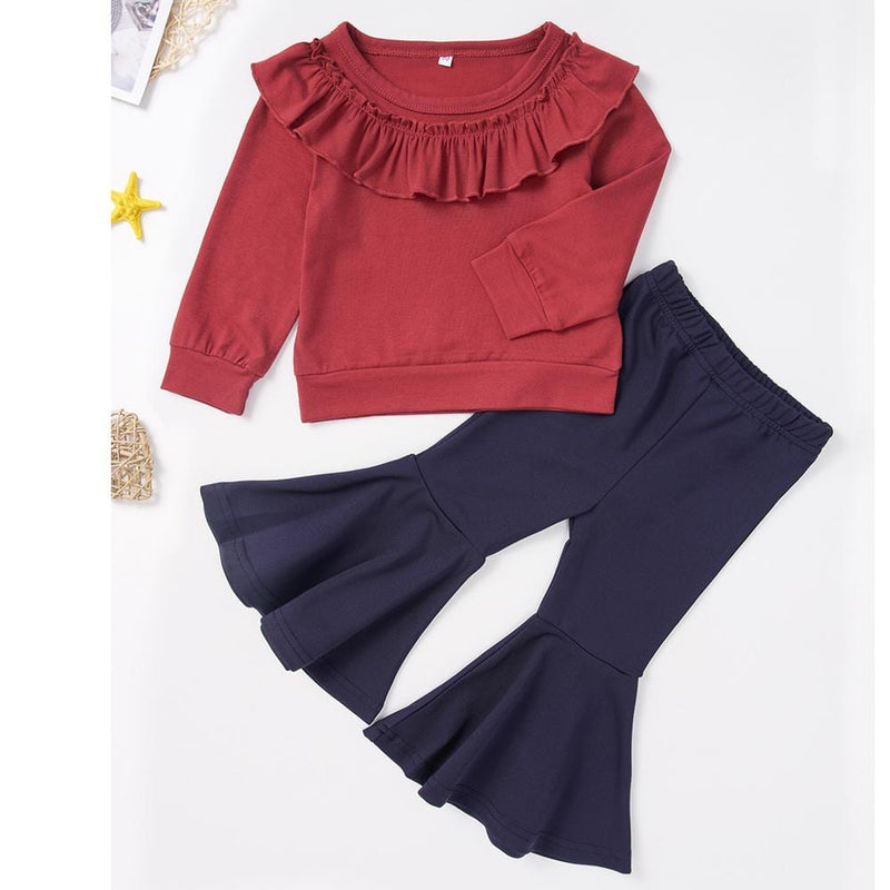 Girls Long Sleeve Round Neck Solid Tops&Flare Pants Girls Boutique Wholesale - PrettyKid