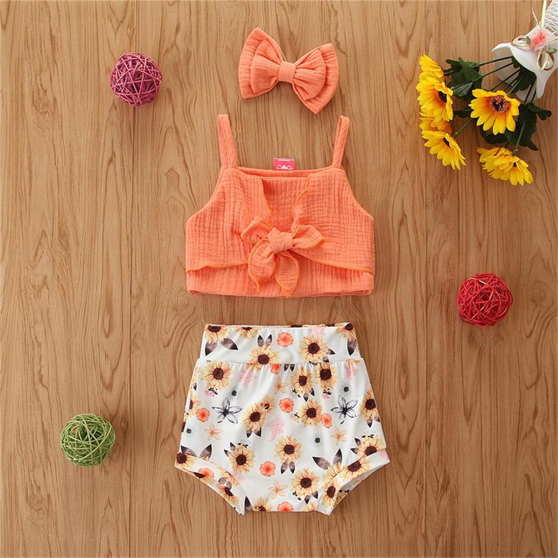 Baby Girls Bow Decor Solid Solid Sling Top & Floral Shorts & Headband Baby clothes - PrettyKid