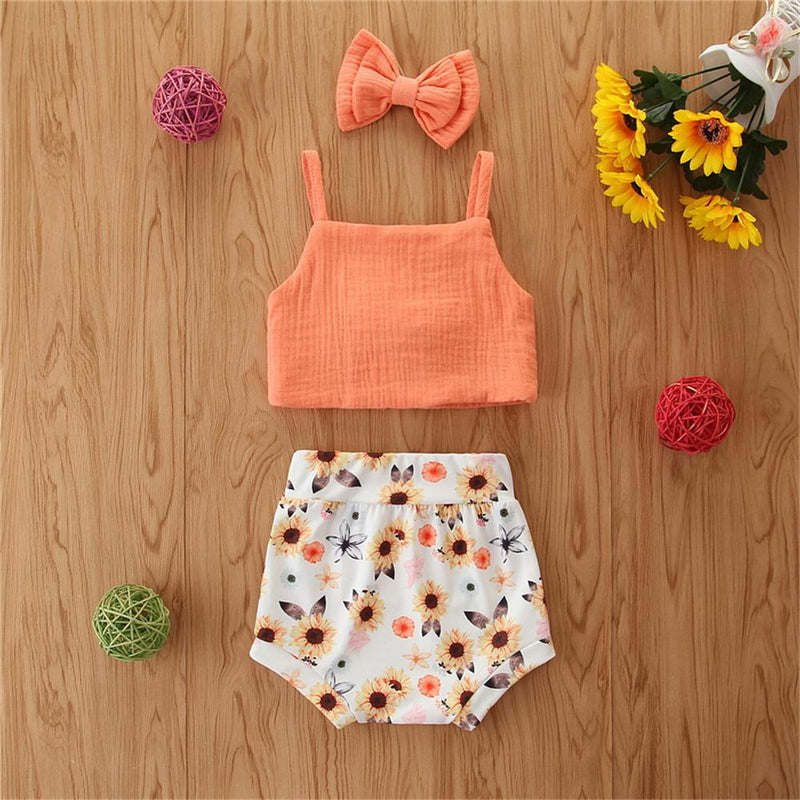 Baby Girls Bow Decor Solid Solid Sling Top & Floral Shorts & Headband Baby clothes - PrettyKid