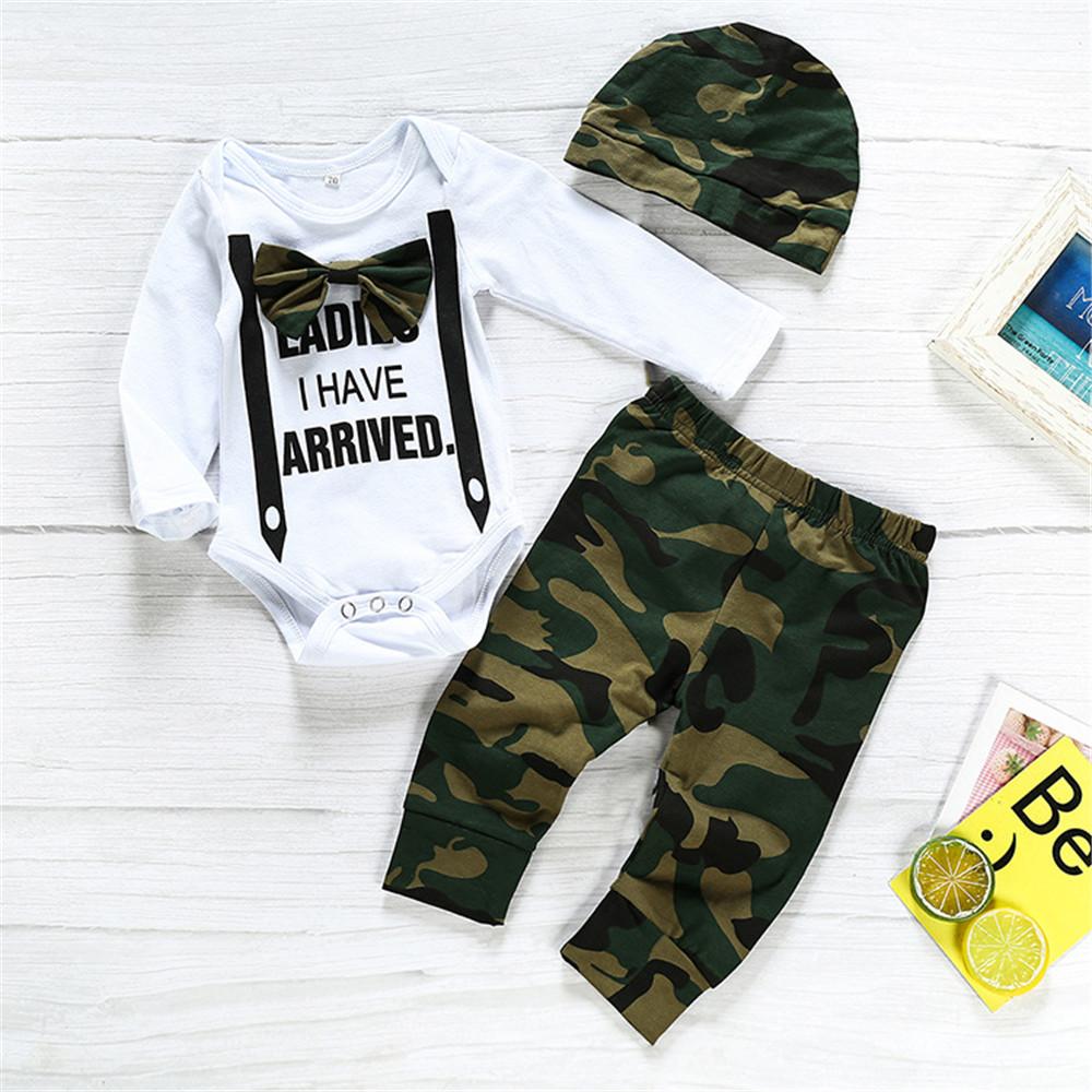 Baby Boys Tie Camouflage Long Sleeve Romper & Pants & Hat - PrettyKid