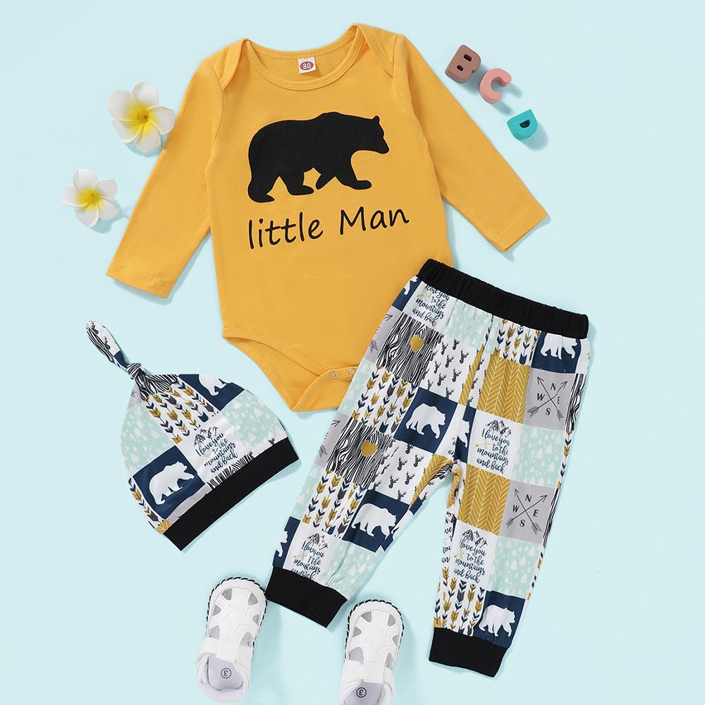 Baby Little Man Bear Printed Romper & Pants Baby Wholesale Clothing - PrettyKid