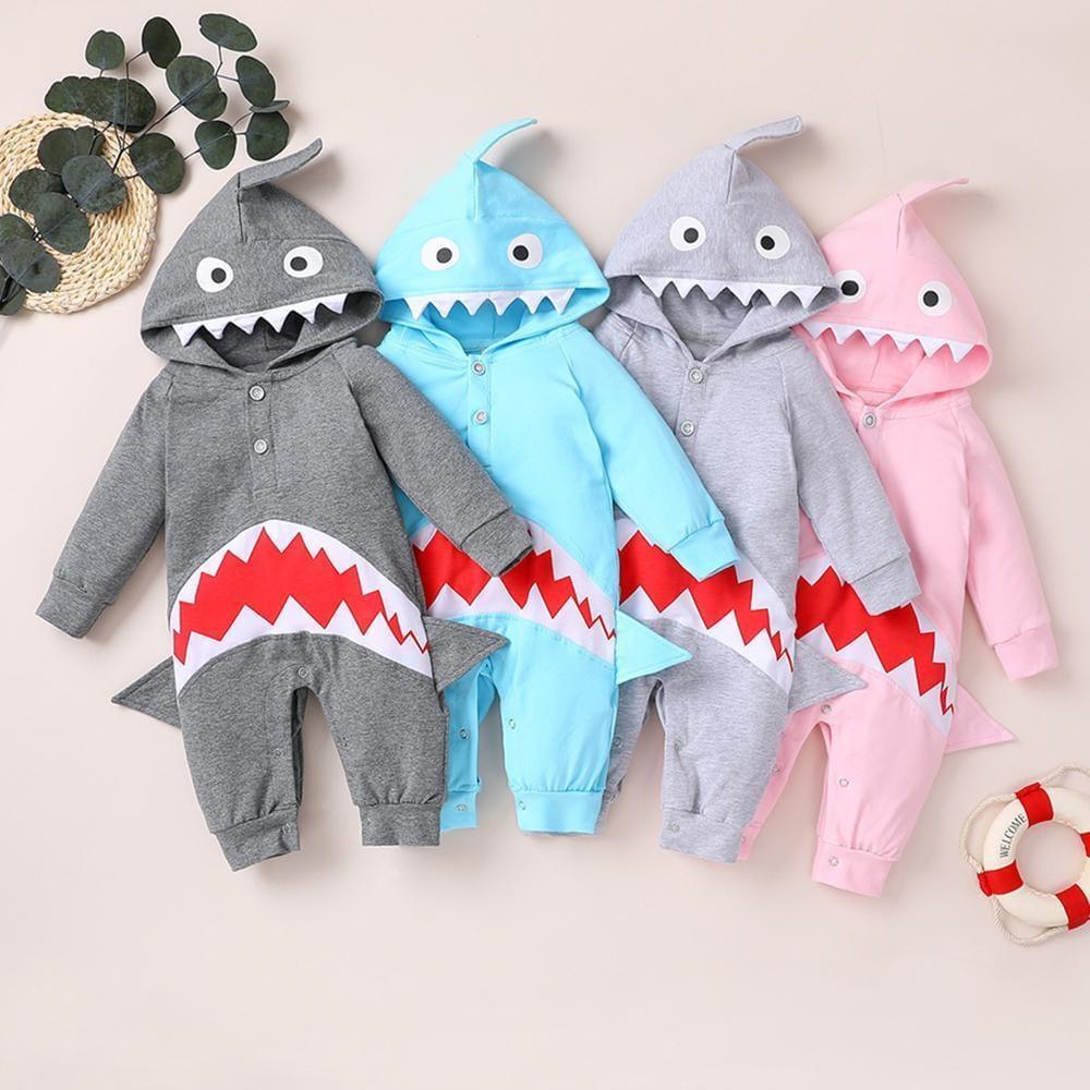 Baby Unisex Shark 3D Long Sleeve Hooded Cute Romper Wholesale Baby Boutique Items - PrettyKid