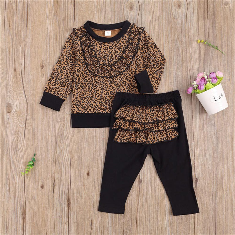 Girls Ruffled Leopard Printed Crew Neck Long Sleeve Top & Trousers Wholesale Girls - PrettyKid