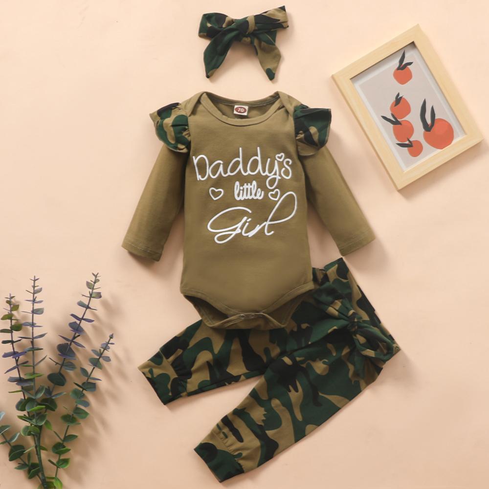 Baby Daddy's Little Girl Camo Long Sleeve Romper & Pants & Headband Baby Outfits - PrettyKid