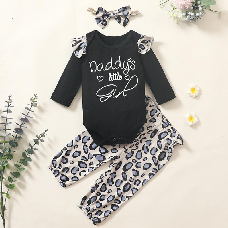 Baby Girl Leopard Letter Printed Ruffled Romper & Pants Cheap Baby Clothes In Bulk - PrettyKid
