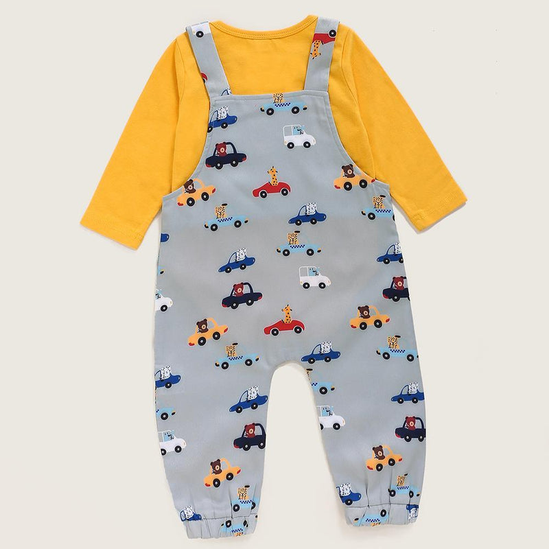 Baby Boys Casual Long-sleeve Romper & Cartoon Car Printed Overalls Baby Wholesale Clothes - PrettyKid