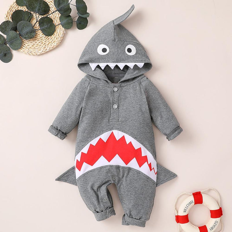 Baby Unisex Shark 3D Long Sleeve Hooded Cute Romper Wholesale Baby Boutique Items - PrettyKid