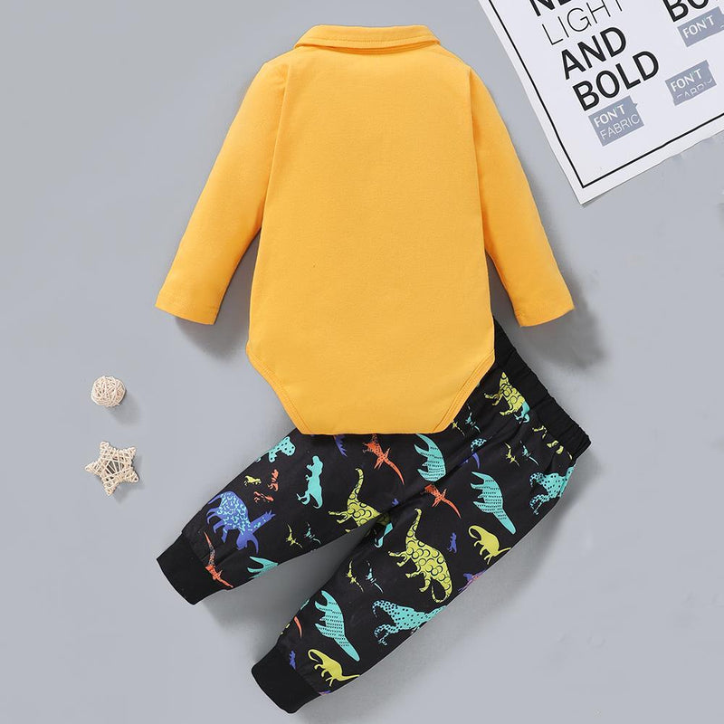 Baby Boys Yellow Long Sleeve Lapel Romper & Cartoon Printed Pants Baby Wholesale - PrettyKid