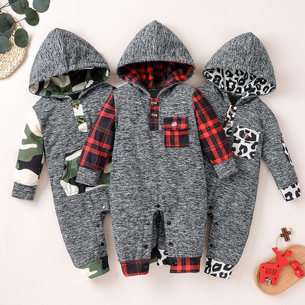 Baby Unisex Hooded Plaid Camo Long-sleeve Casual Romper Newborn Baby Clothes Wholesale - PrettyKid