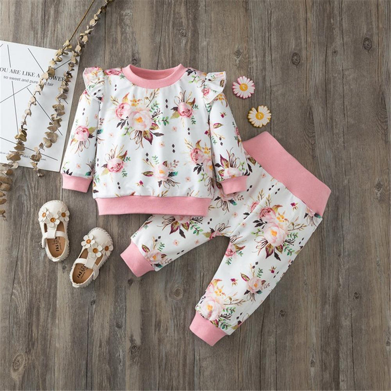 Baby Girls Floral Printed Long Sleeve Top & Pants Boutique Baby Clothes Wholesale - PrettyKid