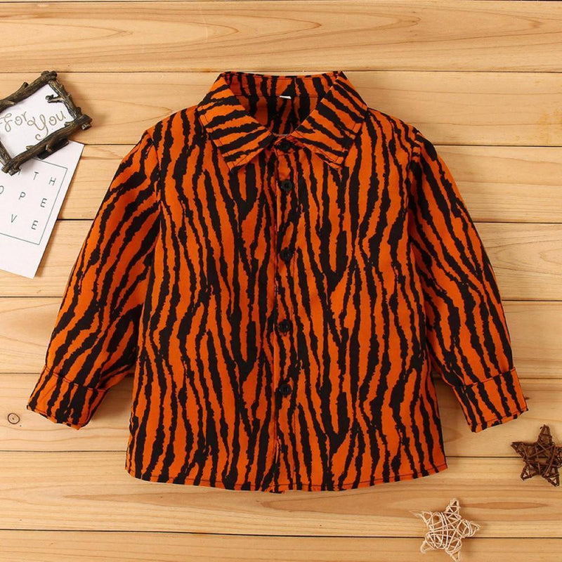 Kid Boys Tiger Pattern Lapel Shirt Little Boy T Shirts - PrettyKid