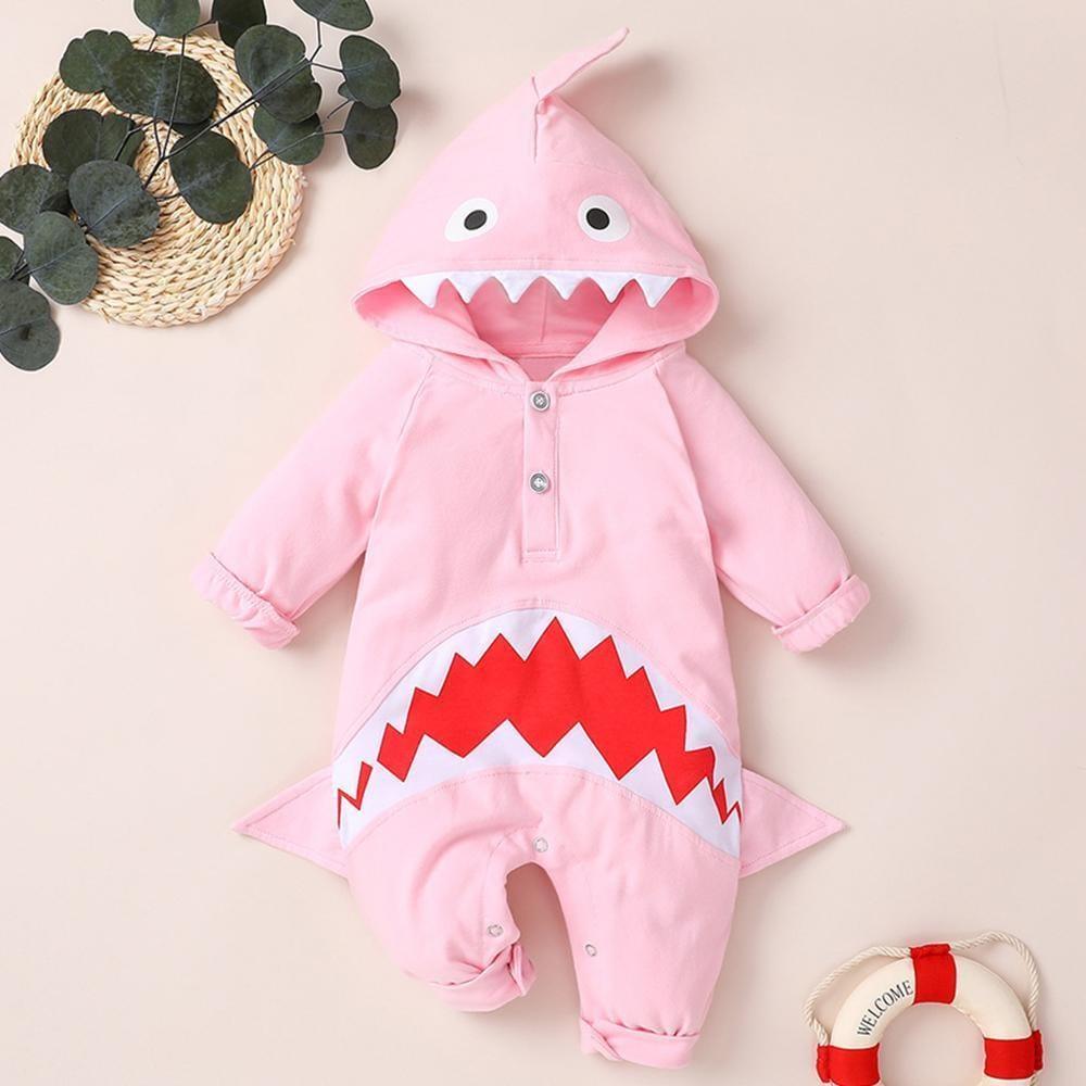 Baby Unisex Shark 3D Long Sleeve Hooded Cute Romper Wholesale Baby Boutique Items - PrettyKid