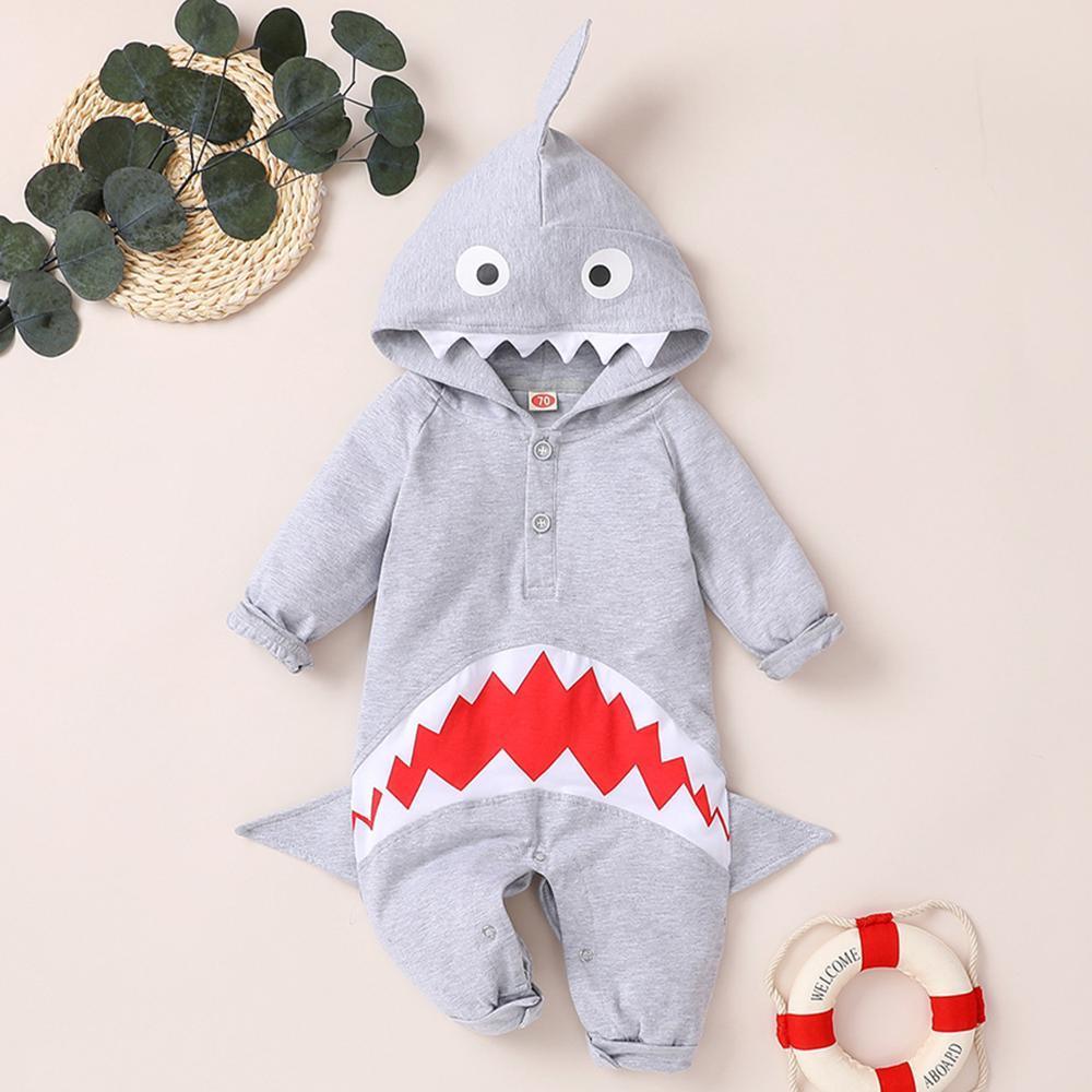 Baby Unisex Shark 3D Long Sleeve Hooded Cute Romper Wholesale Baby Boutique Items - PrettyKid