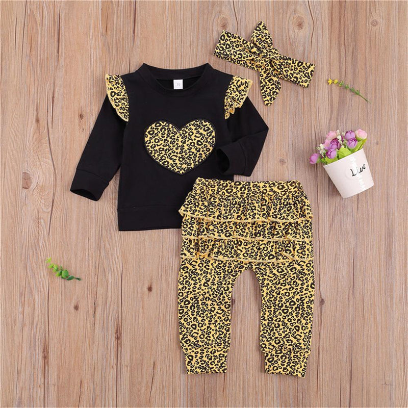Baby Girl Heart Leopard Ruffled Long Sleeve Tee & Pants &Headband Wholesale Baby Boutique Items - PrettyKid