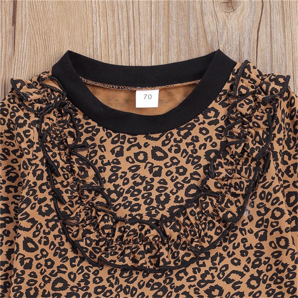 Girls Ruffled Leopard Printed Crew Neck Long Sleeve Top & Trousers Wholesale Girls - PrettyKid