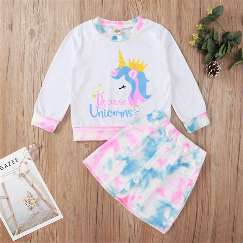 Girls Unicorn Tie Dye Long Sleeve Top & Skirt Wholesale Little Girl Clothing - PrettyKid