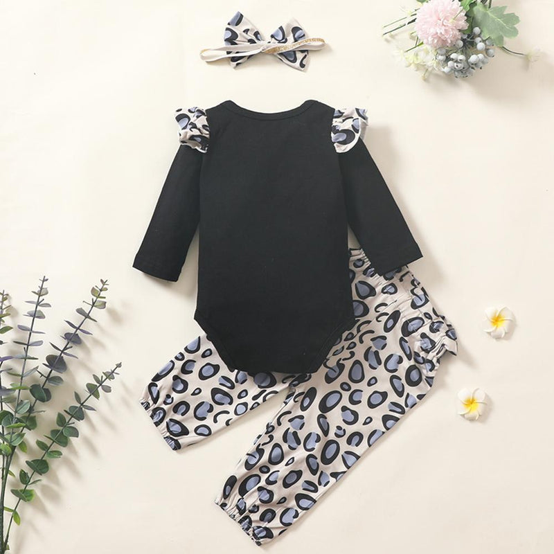 Baby Girl Leopard Letter Printed Ruffled Romper & Pants Cheap Baby Clothes In Bulk - PrettyKid