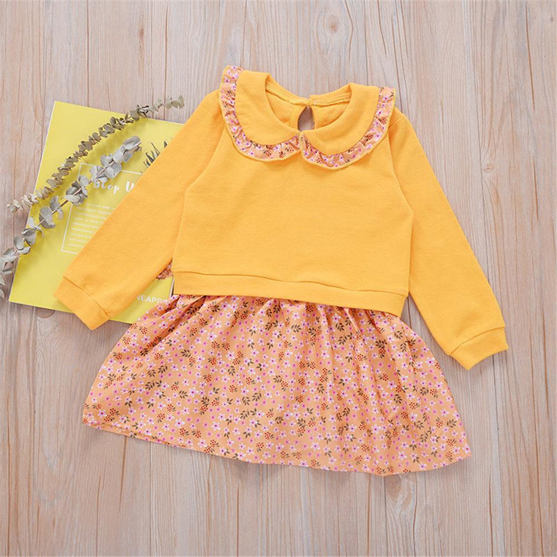 Girls Floral Printed Doll Collar Long Sleeve Splicing Dress Girls Clothing Wholesale - PrettyKid