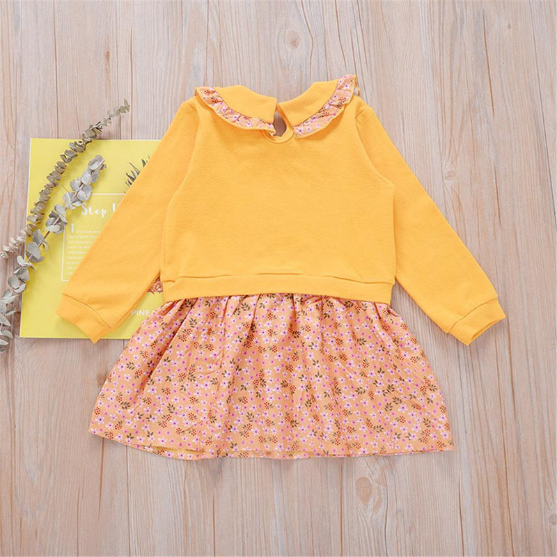 Girls Floral Printed Doll Collar Long Sleeve Splicing Dress Girls Clothing Wholesale - PrettyKid