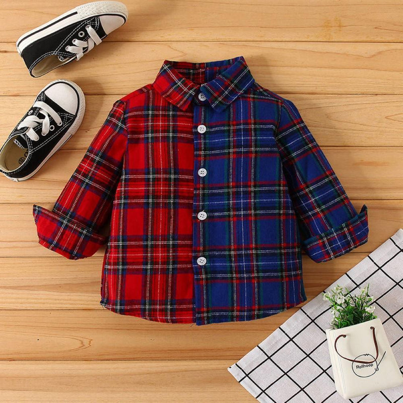 Boys Lattice Two-color Lapel Shirt Boys Wholesale - PrettyKid