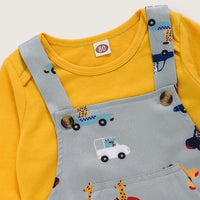 Baby Boys Casual Long-sleeve Romper & Cartoon Car Printed Overalls Baby Wholesale Clothes - PrettyKid