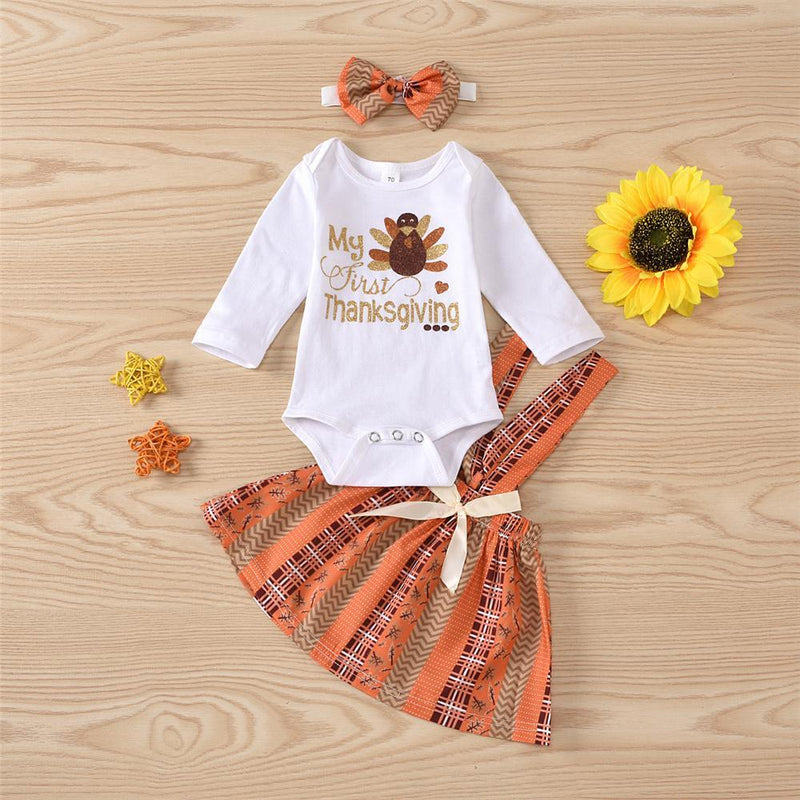 Baby Girls Turkey Thanksgiving Printed Romper & Skirt & Headband Baby Clothes Vendors - PrettyKid