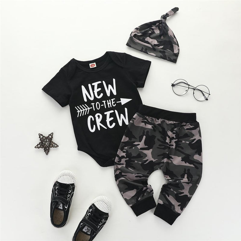Baby Boy New To Crew Short Sleeve Top & Camo Pants & Hat - PrettyKid