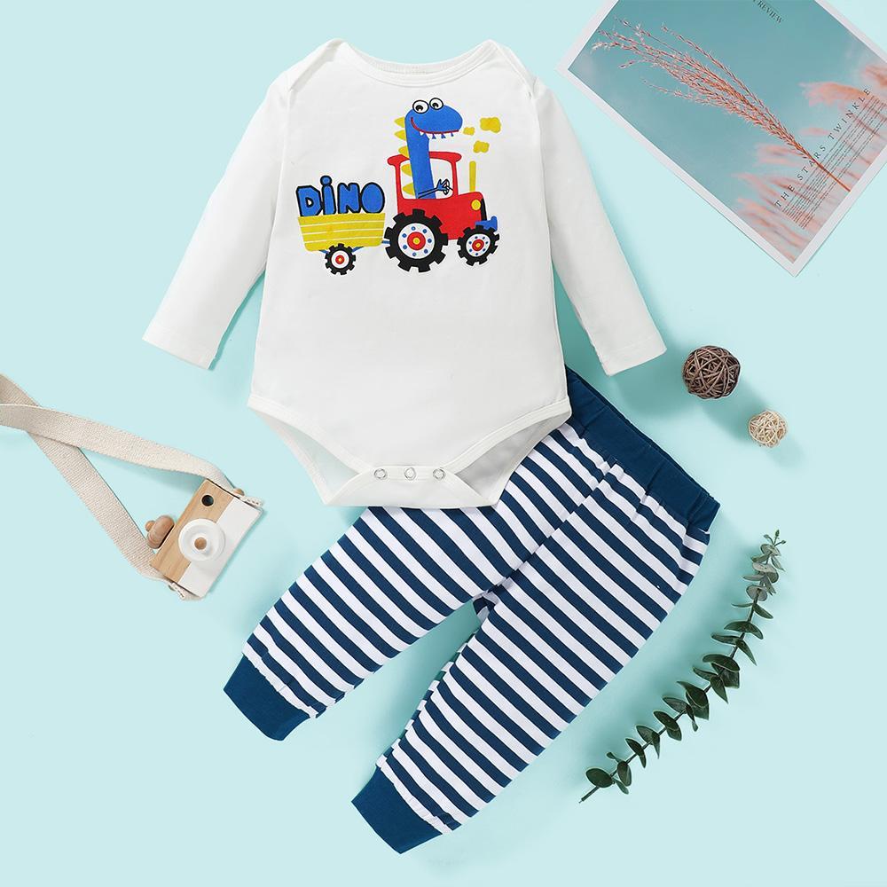Baby Boys Cartoon Long Sleeve Romper & Striped Pants Baby Wholesale Clothing - PrettyKid