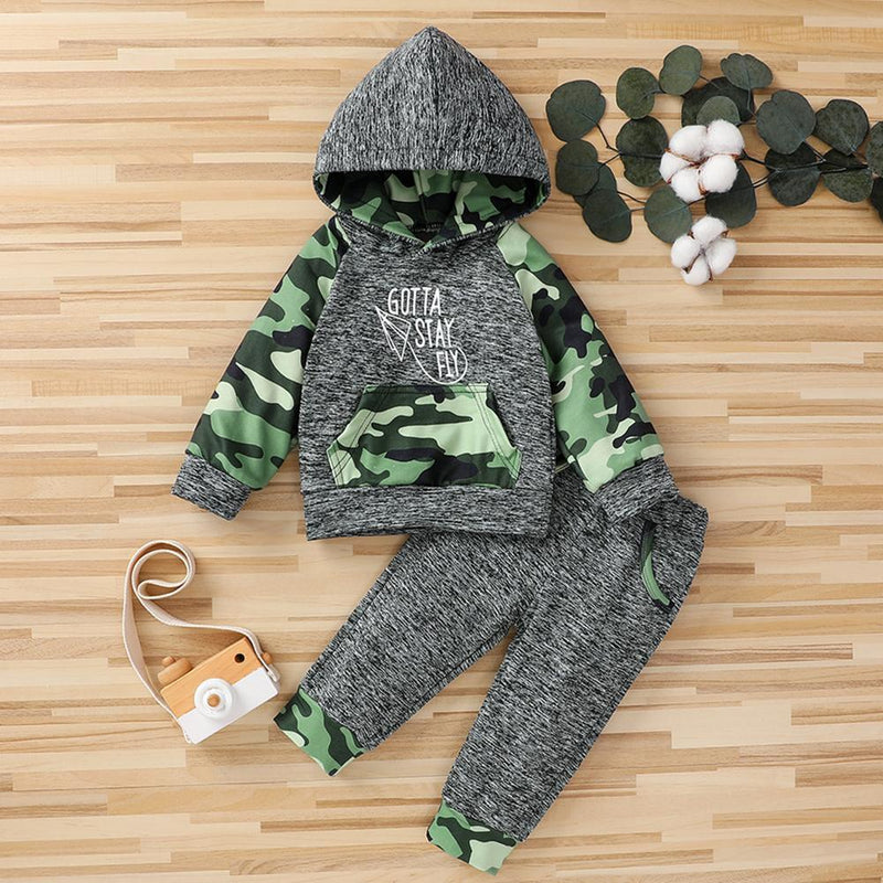 Baby Boys Gotta Stay Fly Camo Hooded Long Sleeve Top & Pants Baby Outfits - PrettyKid