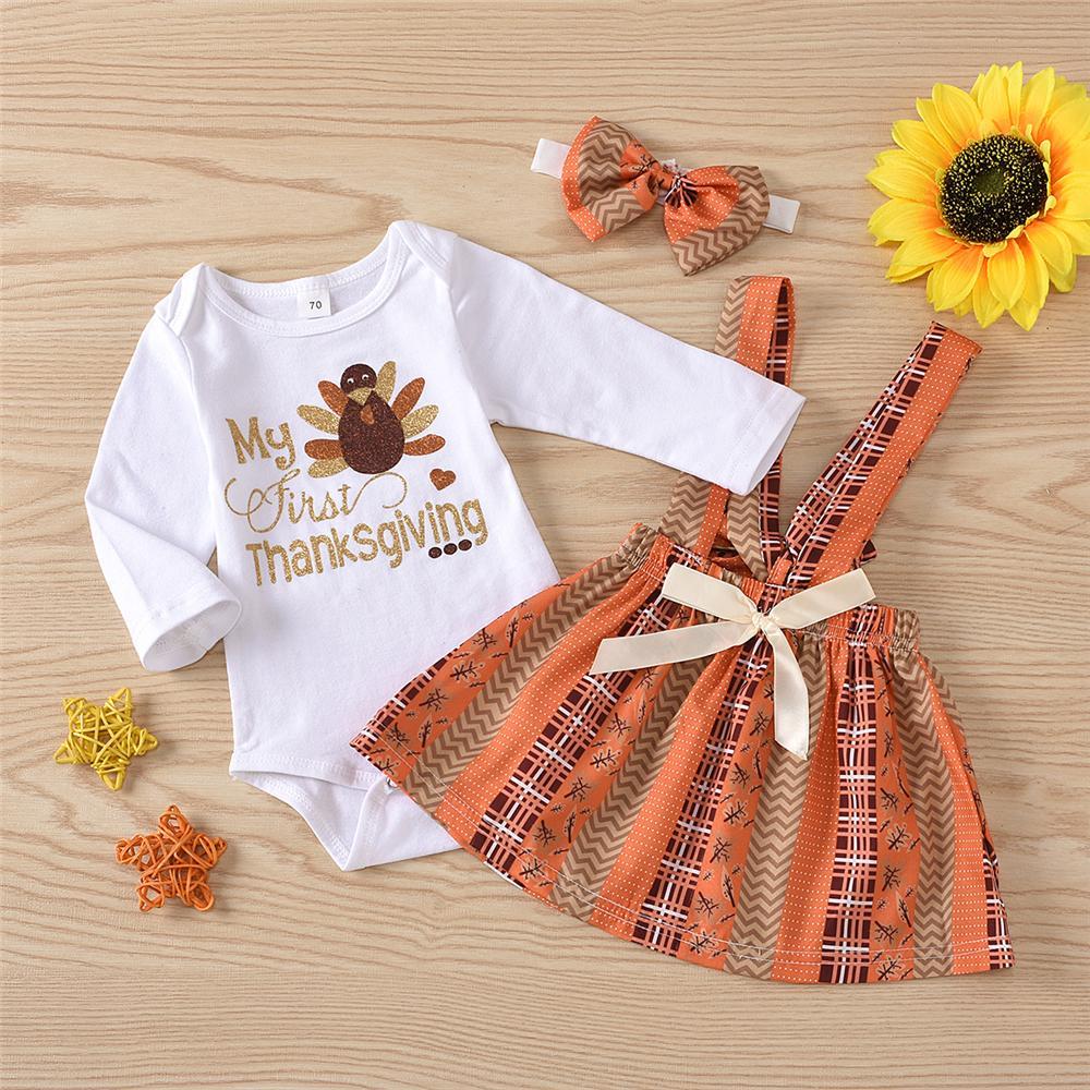 Baby Girls Turkey Thanksgiving Printed Romper & Skirt & Headband Baby Clothes Vendors - PrettyKid