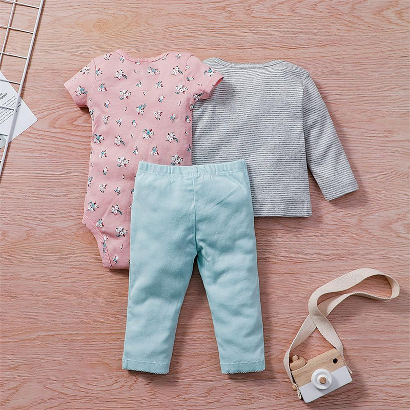 Baby Girls Cartoon 3PCS Short Sleeve Romper & Long Sleeve Top & Pants Babywear Wholesale - PrettyKid