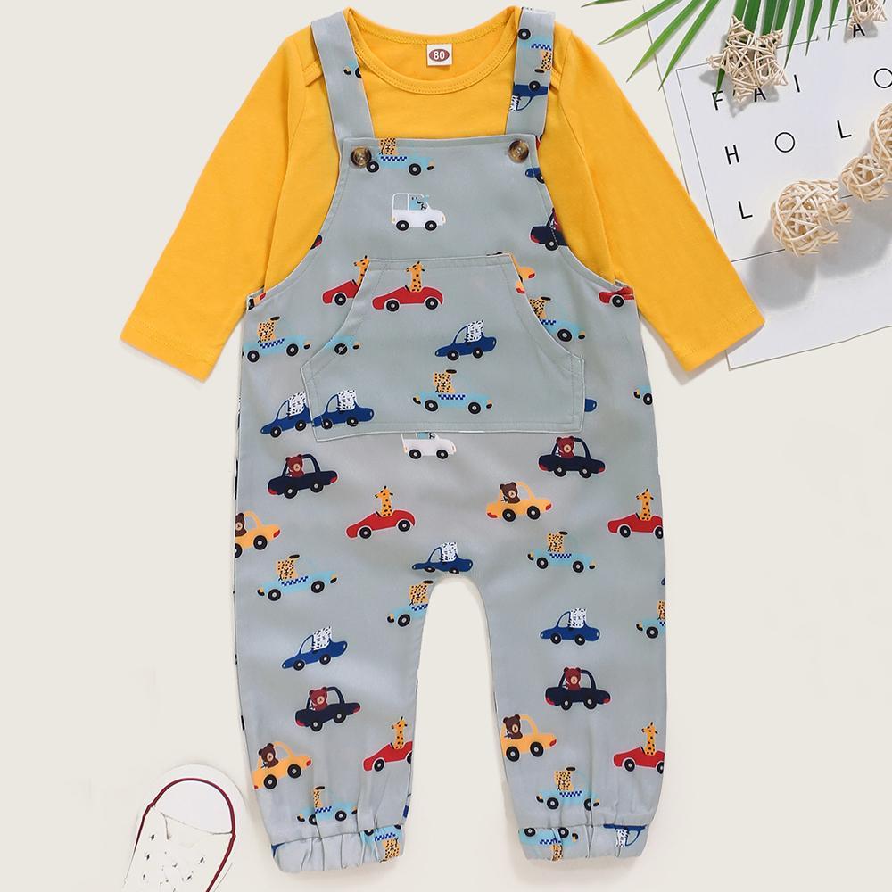 Baby Boys Casual Long-sleeve Romper & Cartoon Car Printed Overalls Baby Wholesale Clothes - PrettyKid