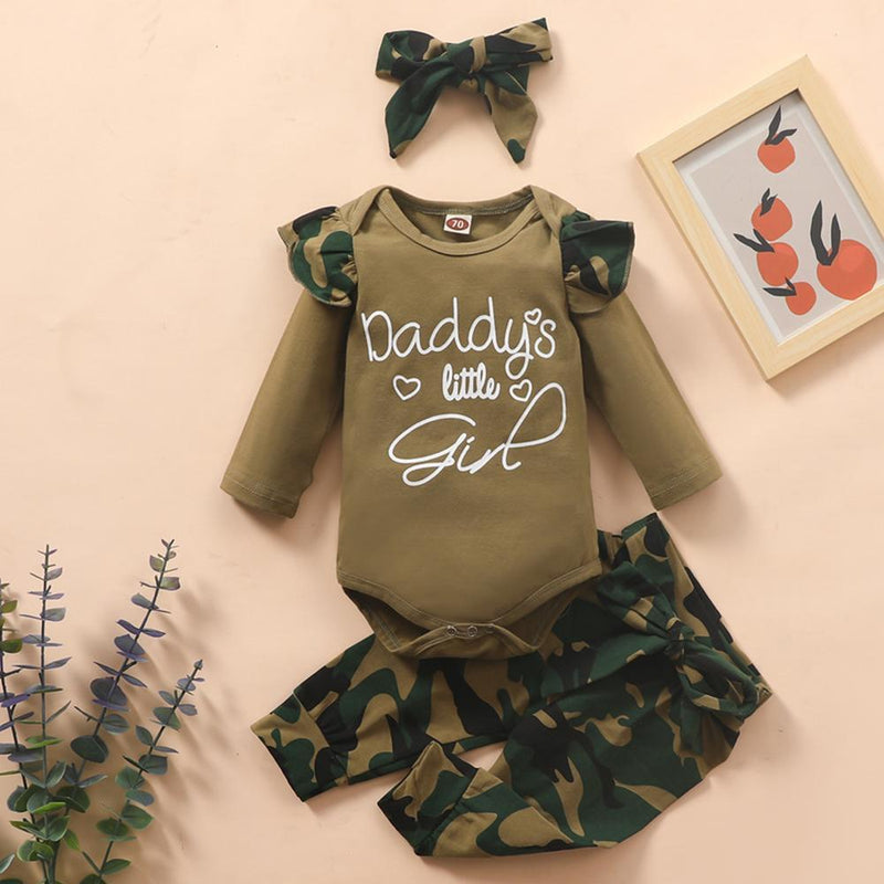 Baby Daddy's Little Girl Camo Long Sleeve Romper & Pants & Headband Baby Outfits - PrettyKid