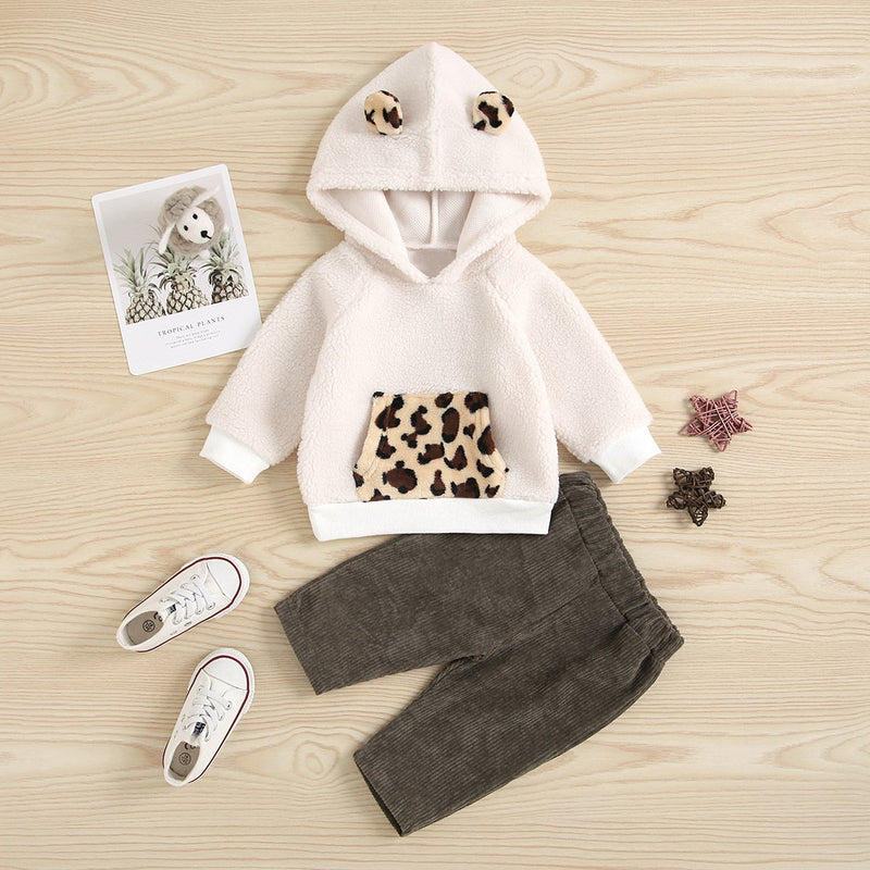 Baby Girl Lambswool Leopard Set Hoodie With Pants - PrettyKid
