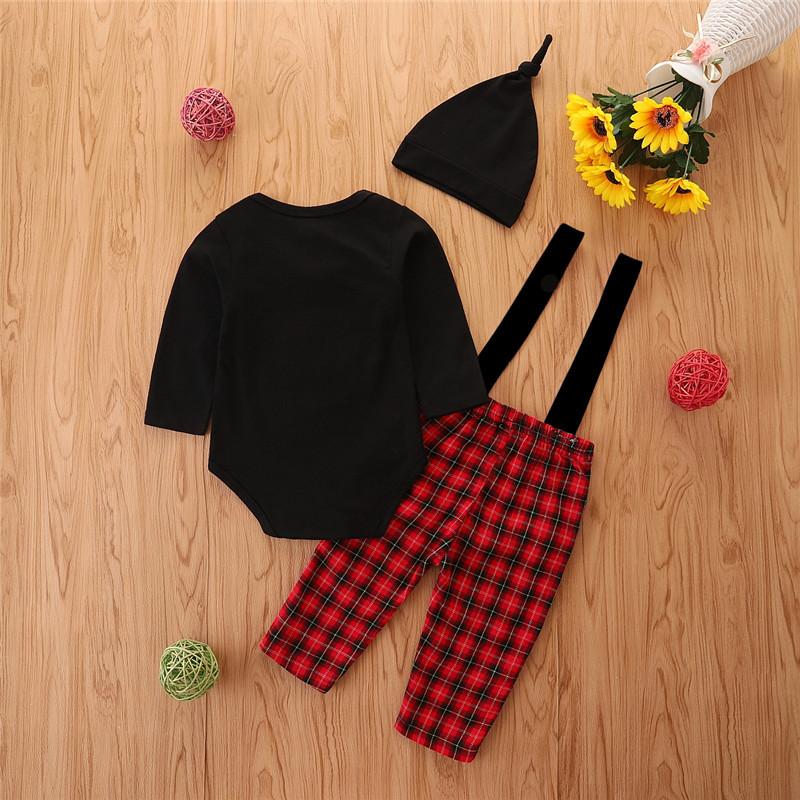 3 Pieces Baby Clothes Sets Plaid Pattern Bodysuit Suspender Pants and Hat - PrettyKid