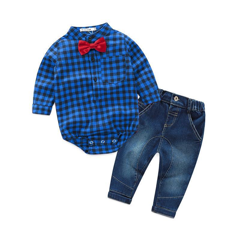 Baby Boy Clothing Sets Check Bodysuit With Jeans - PrettyKid