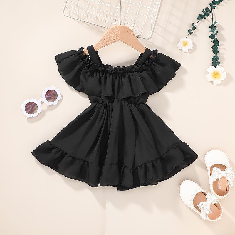 Baby Girl Off Shoulder Dress With Solid Color Ruffle Trim Wholesale Children's Clothing - PrettyKid